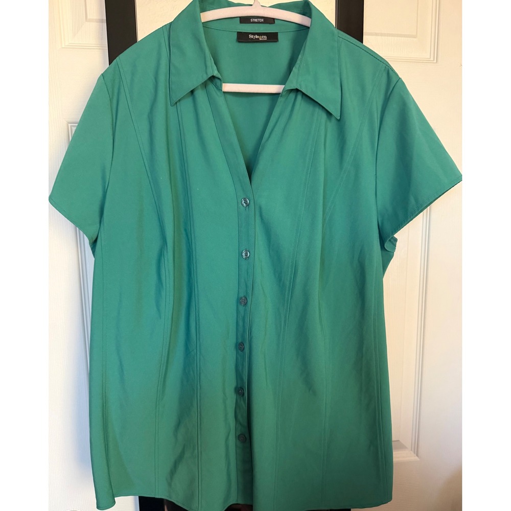 Style&co Woman Teal Green Short Sleeve Button Down Stretch Blouse Top WPL 8046